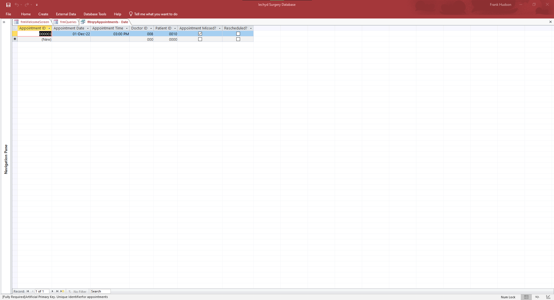missed appointments filtered by date input